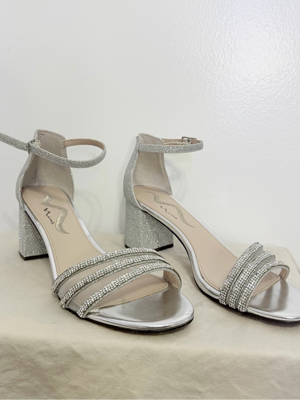 Nina Silver Crystal Strappy Block Heel Sandals - Size 9